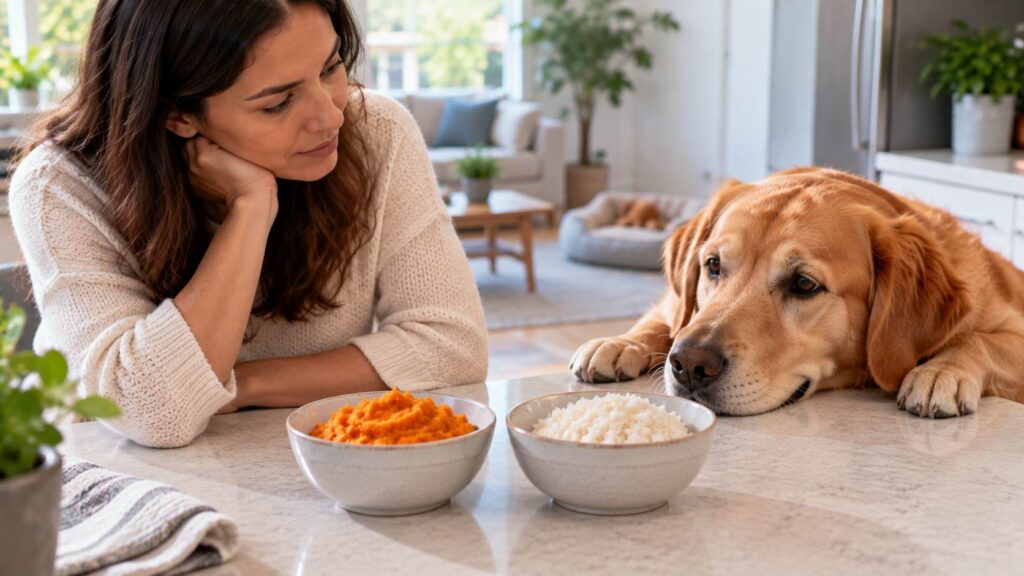 Plain cooked sweet potato and white rice in separate bowls beside a resting dog