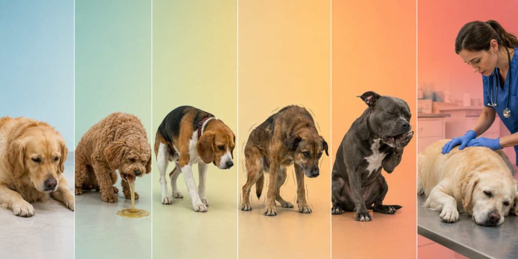 Dogs displaying mild and severe symptoms after eating nuts during a veterinary health assessment
