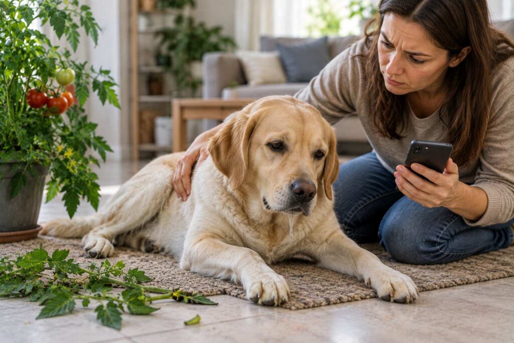Lethargic dog with mild drooling being monitored by its owner after possible tomato plant exposure