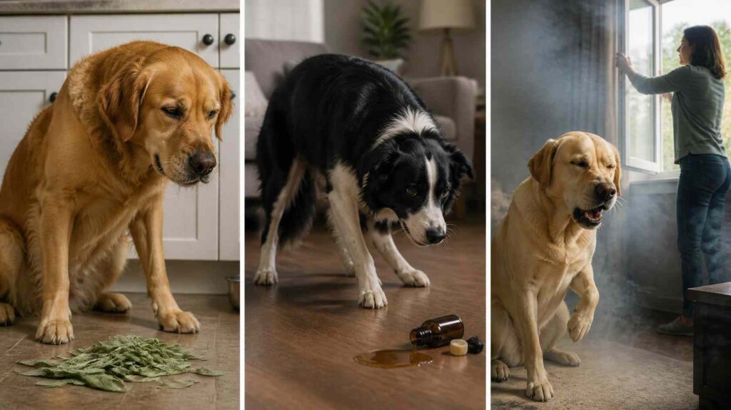 Comparison showing a dog with digestive upset, essential oil exposure, and smoke irritation after different sage exposures.