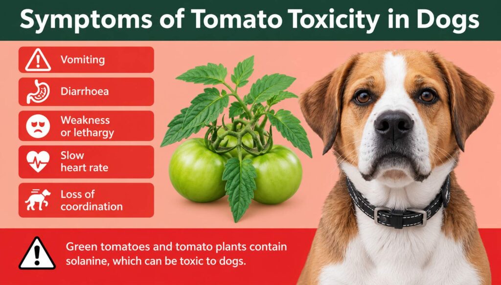 Concerned dog near green tomatoes and tomato plant leaves with warning signs about tomato toxicity symptoms in dogs.