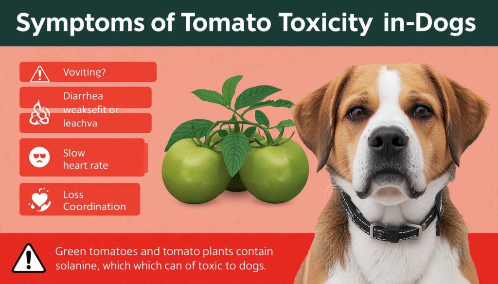 Concerned dog near green tomatoes and tomato plant leaves with warning signs about tomato toxicity symptoms in dogs.