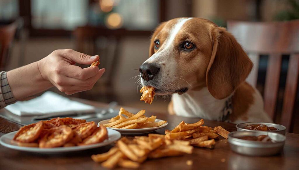 Dog looking at human food scraps on a dining table indoors