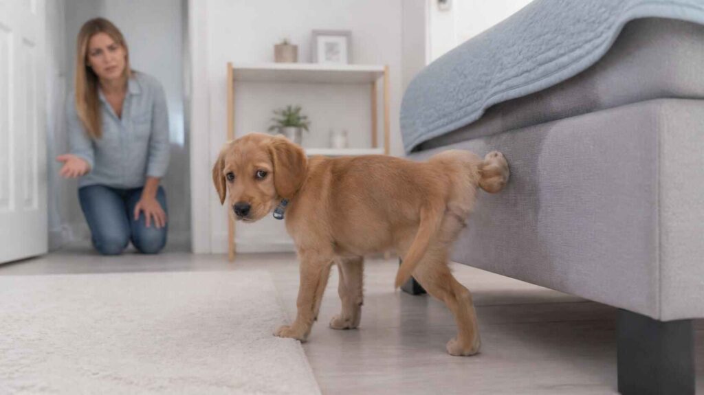 Puppy marking territory near furniture inside the home during behavioral training.