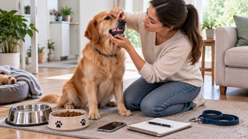 Dog owner checking a dog's general condition, hydration and behaviour at home