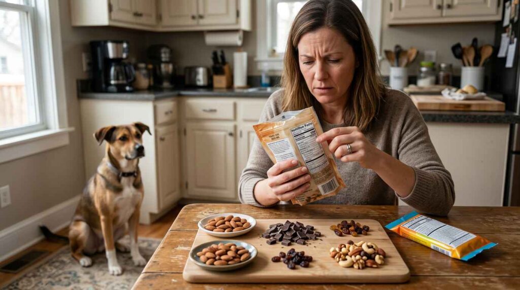 Dog owner checking trail mix with almonds, raisins and chocolate for dangerous ingredients