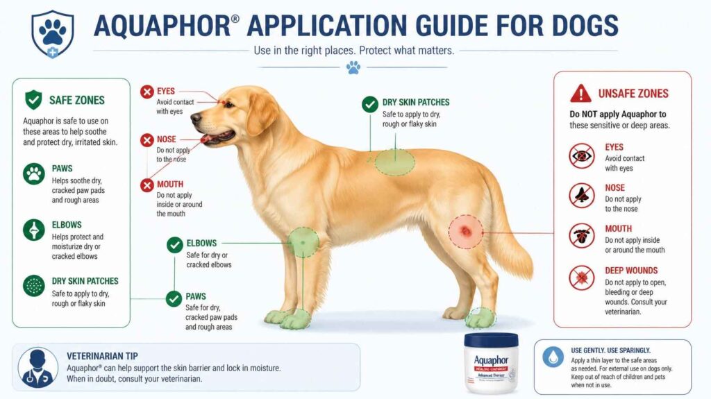 Infographic showing safe and unsafe body areas for applying Aquaphor on dogs.