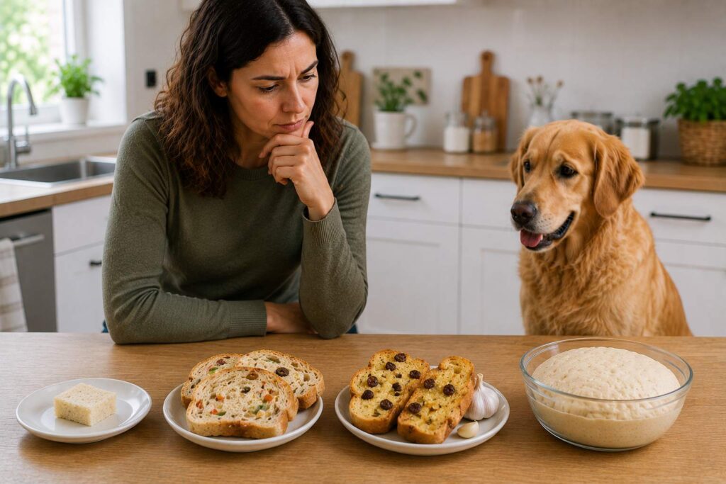 Can dogs eat bread safely depending on whether it is plain, flavoured, raisin bread, or raw dough