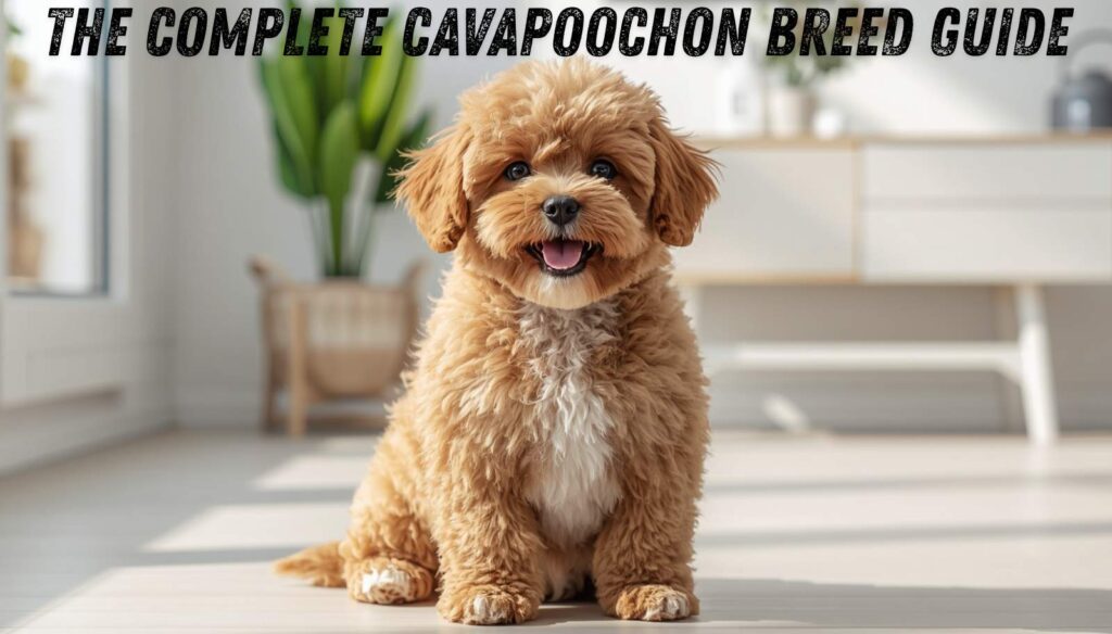 Fluffy Cavapoochon dog sitting happily indoors with a teddy bear style coat.