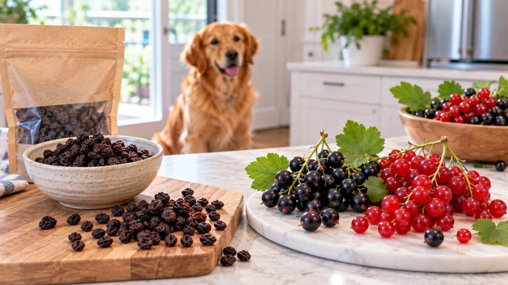 Zante currants compared with fresh blackcurrants and redcurrants on a kitchen surface