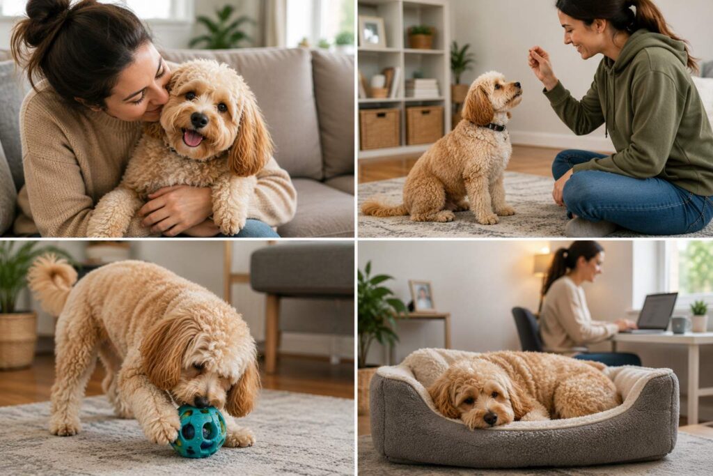 Cavapoochon enjoying affection, reward-based training, enrichment and calm independent rest at home