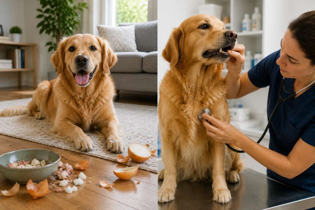 Healthy-looking dog at home contrasted with the same dog receiving a later veterinary examination.