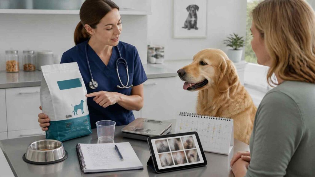Veterinarian explaining an elimination diet plan using hypoallergenic dog food while the owner tracks symptoms in a food diary.