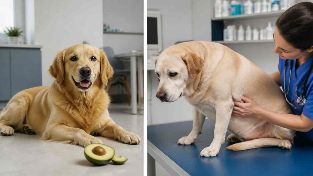 Healthy dog and overweight dog compared to demonstrate how high-fat avocado may increase pancreatitis risk in susceptible dogs.