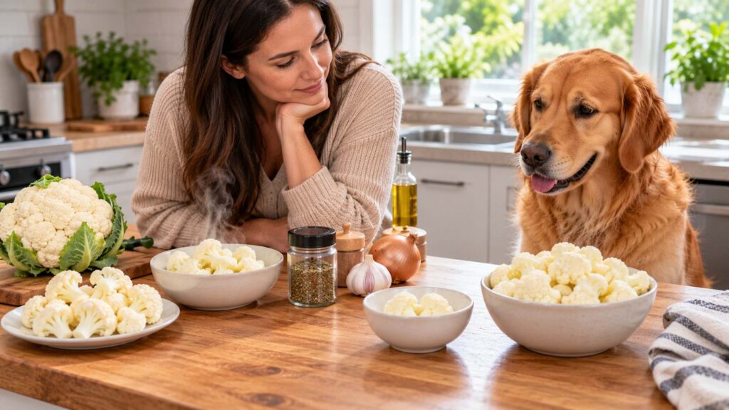 Golden retriever beside cauliflower bowls as owner checks preparation, ingredients, portion size and the dog's condition.