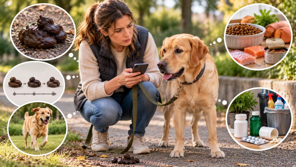 Dog owner checking dark stool, behaviour, diet, medications and recent changes to identify possible causes.