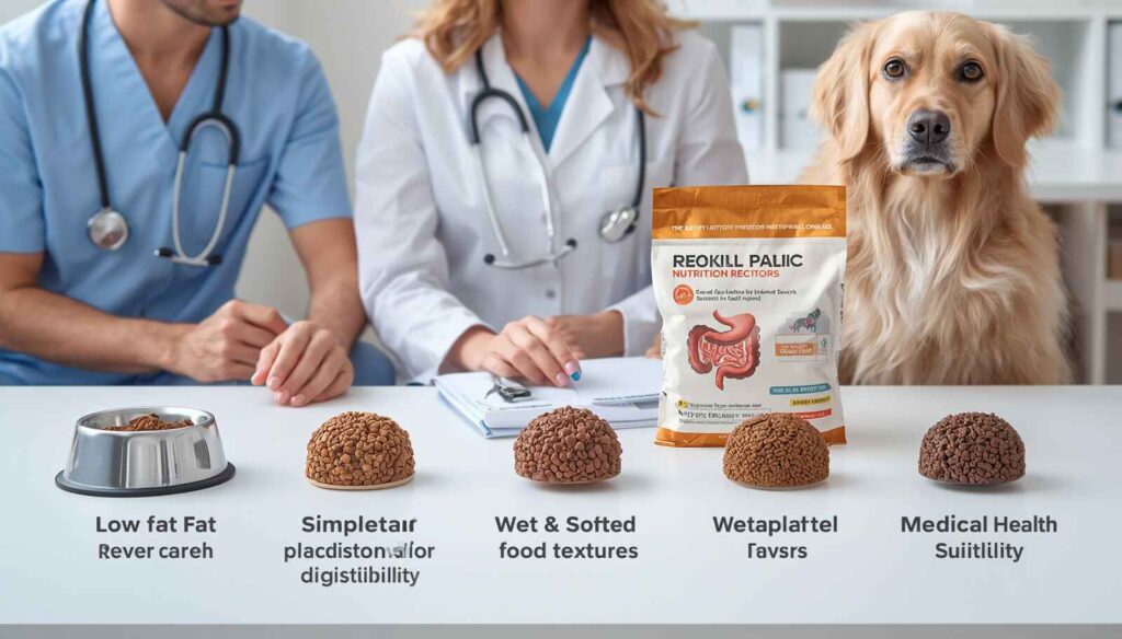 Veterinarian assessing the best dog food for acid reflux using fat level, digestibility, texture, nutritional completeness and medical suitability.