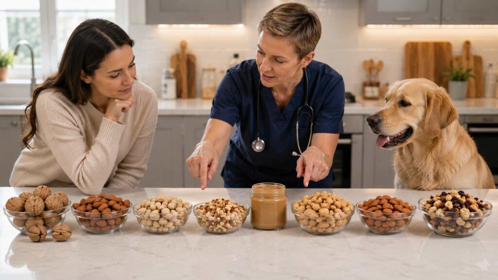 Comparison of whole nuts, nut butter, shelled nuts, and trail mix to illustrate how different nut forms affect a dog's safety