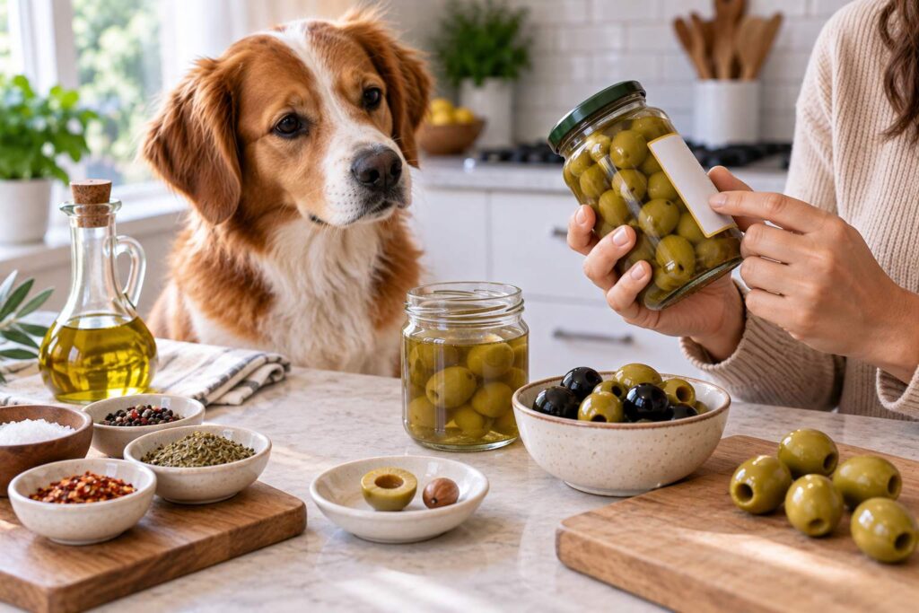 Owner checking an olive jar while dog waits beside olives, brine and a removed pit