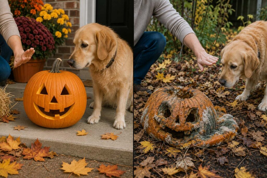 Dog kept away from an old mouldy Halloween pumpkin beside a fresh carved pumpkin