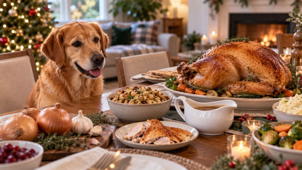 Dog near holiday turkey dinner with stuffing, gravy, onion, garlic and fatty skin