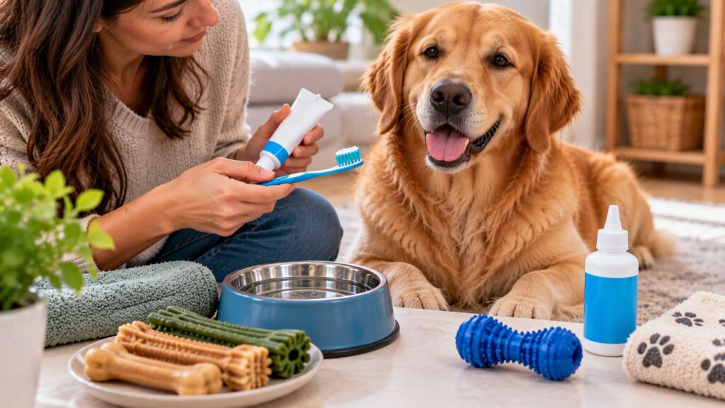 Home remedies for dog bad breath with tooth brushing and practical dental care products