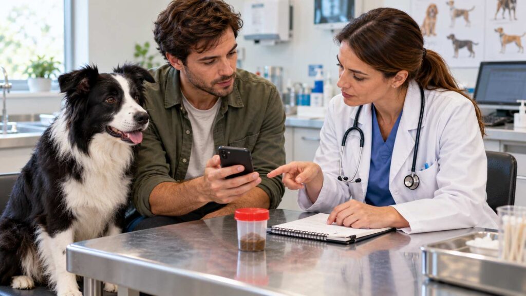 Dog owner showing health notes and a smartphone photo to a veterinarian during a consultation.