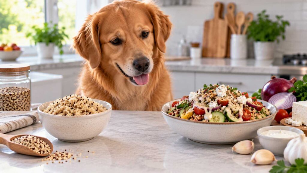 Plain cooked quinoa compared with quinoa salad containing onion, garlic and dressing