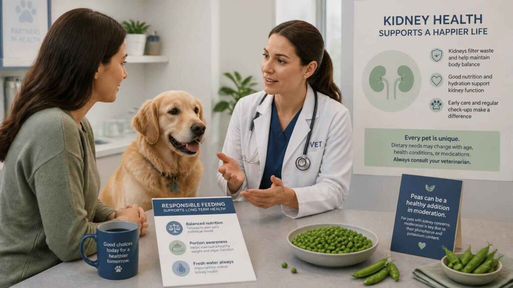 Dog owner discussing kidney health concerns related to peas with a veterinarian
