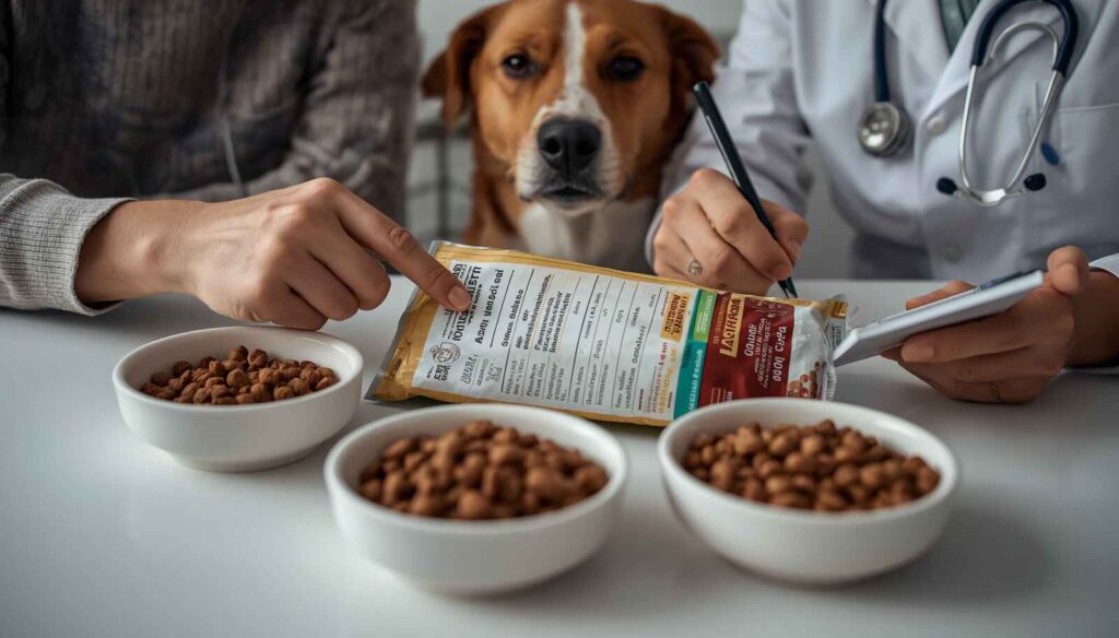 Dog owner comparing dog food nutrition labels to choose the best dog food for acid reflux.