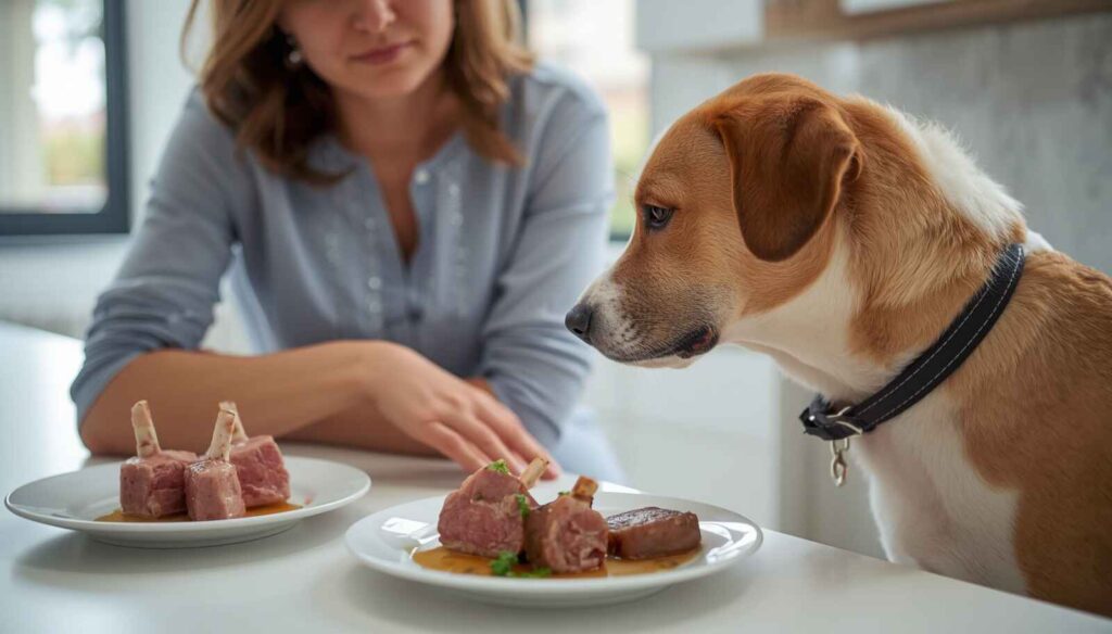 Can Dogs Eat Lamb safely? Dog owner checking plain cooked lamb, fatty meat, gravy and lamb bones before feeding a dog
