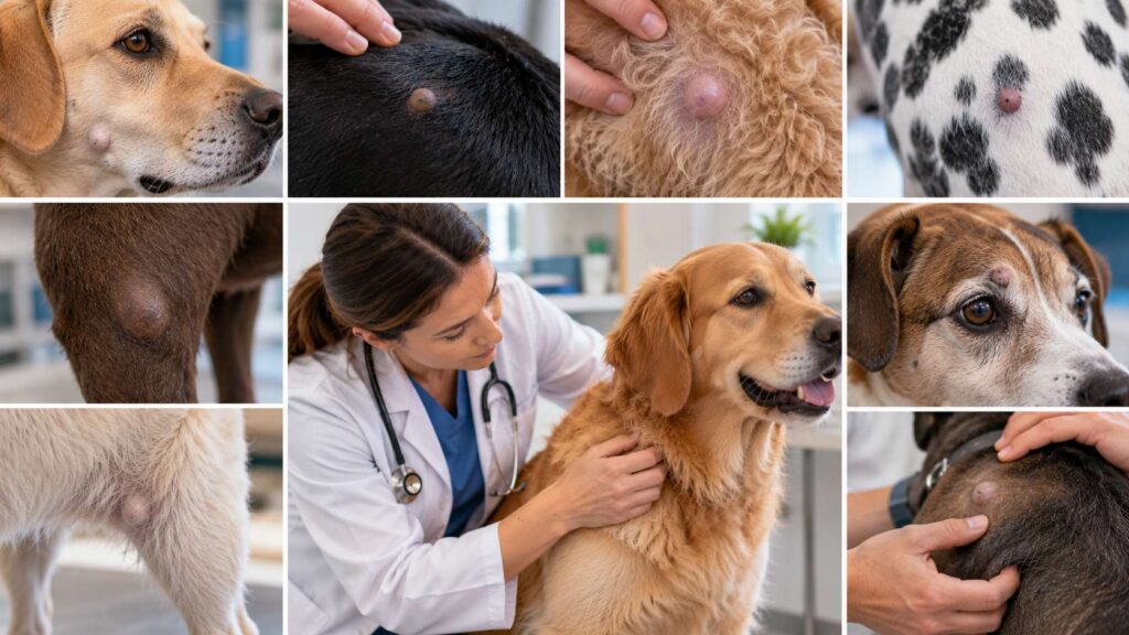 Several dogs with similar-looking skin lumps being visually compared while a veterinarian examines one dog