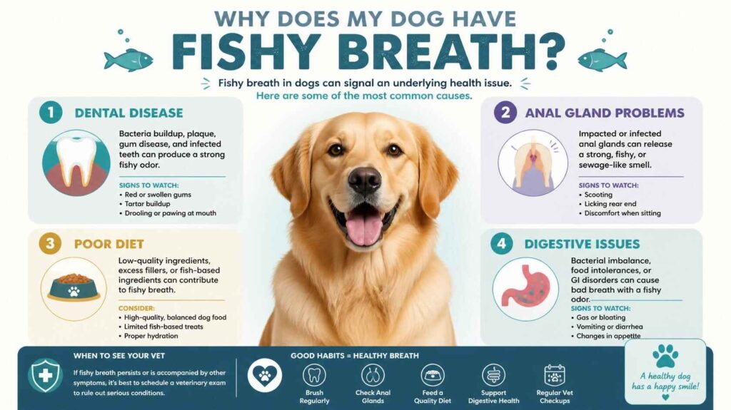 Infographic showing common causes of fishy dog breath including dental and digestive problems.