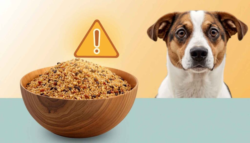 Quinoa grains with warning sign showing saponins risk for dogs eating quinoa