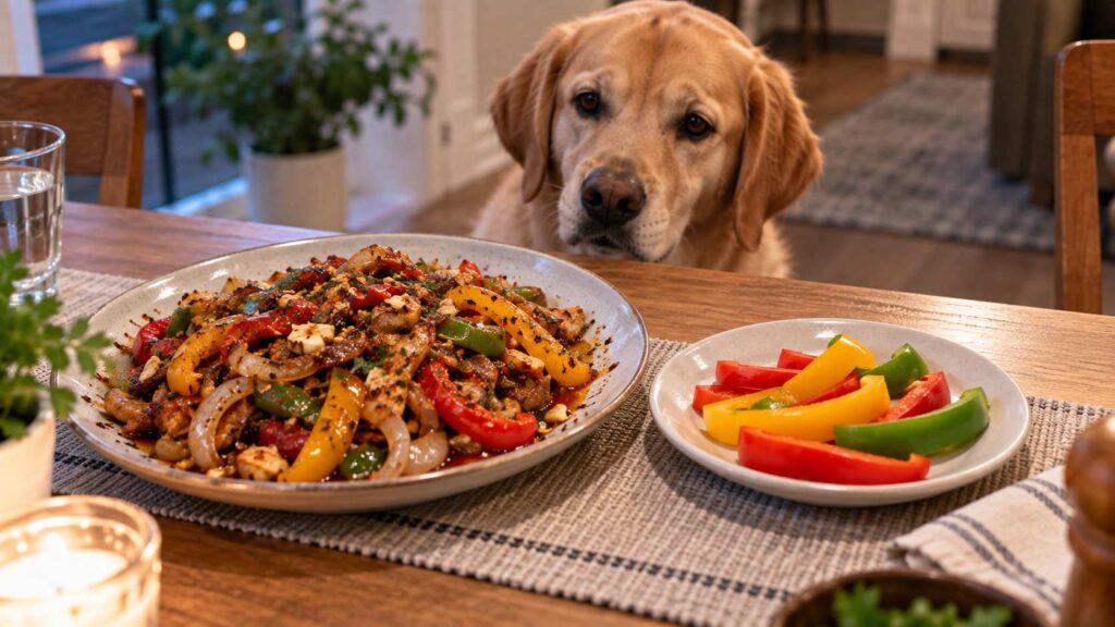 Dog near seasoned dinner peppers with onion and garlic beside plain bell pepper pieces