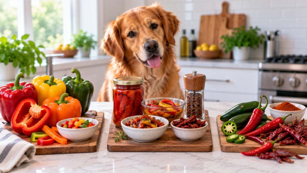 Can dogs eat peppers? Dog beside plain bell peppers and hot chillies in a pepper safety comparison