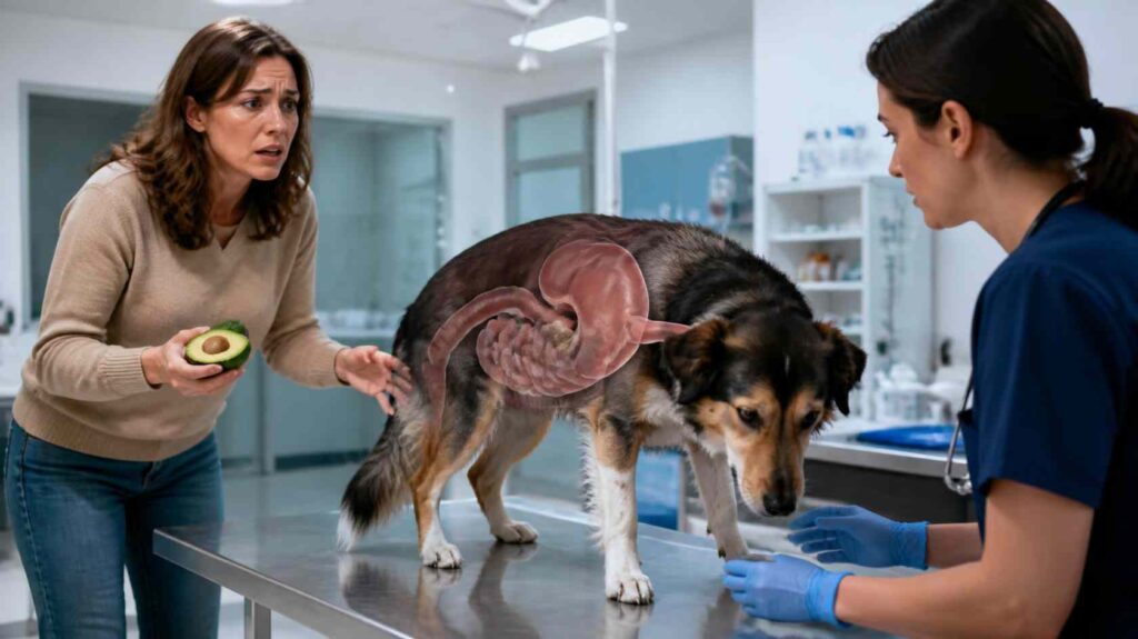Dog being examined by a veterinarian after swallowing an avocado pit with a digestive tract illustration showing possible obstruction.