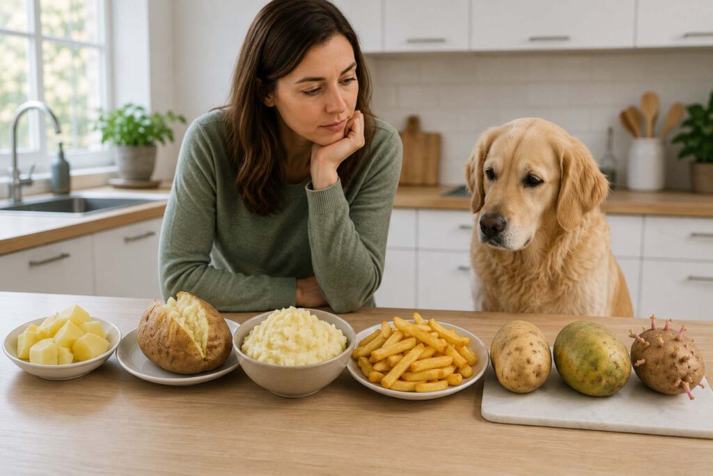 Dog beside plain cooked potatoes, mashed potato, fries, raw potato and green sprouted potatoes for comparison