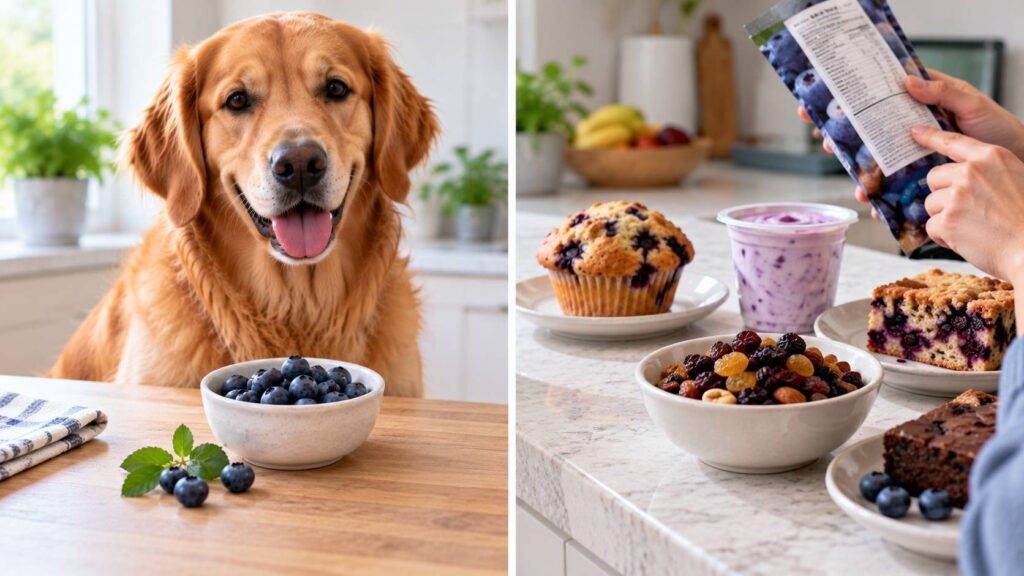 Dog beside plain blueberries contrasted with blueberry desserts and processed foods