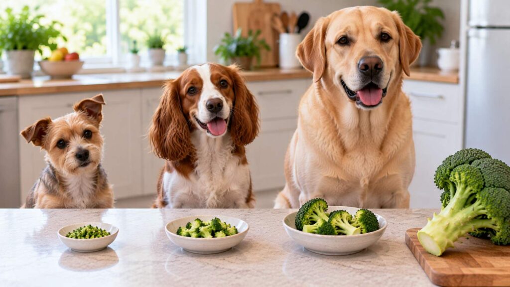 Small, medium, and large dogs shown with appropriately sized pieces of plain broccoli