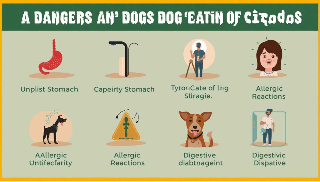 Veterinary-style infographic showing health risks of dogs eating cicadas.