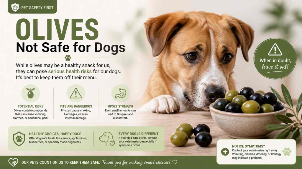Olives with warning symbols beside a concerned dog in an educational pet safety setting