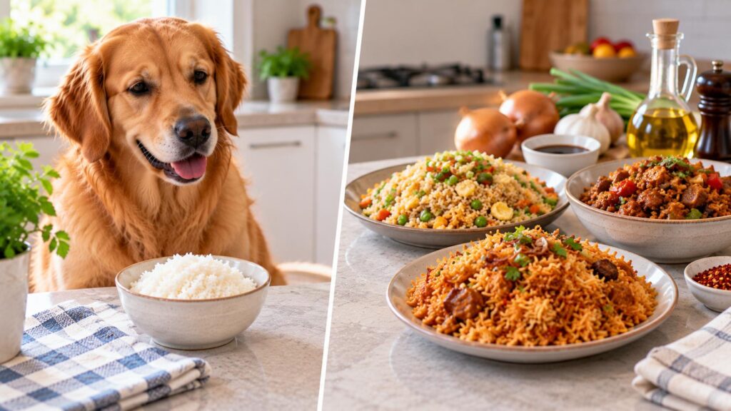 Plain boiled rice compared with fried and seasoned rice containing onion, garlic and sauce