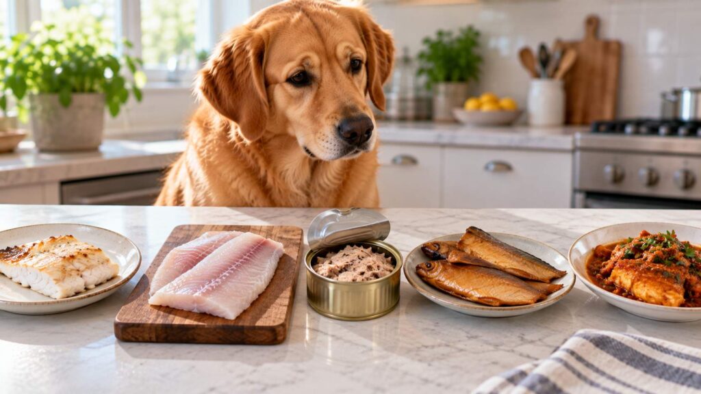Plain cooked, raw, canned, smoked and seasoned fish shown side by side