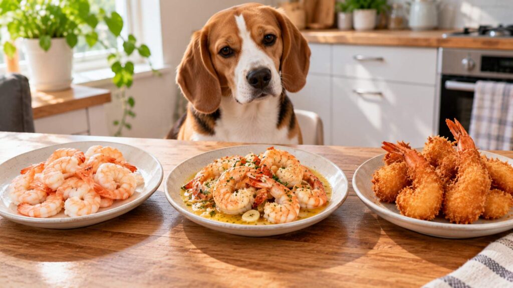 Can Dogs Eat Prawns comparison showing plain cooked prawns, garlic-butter prawns, and fried breaded prawns.