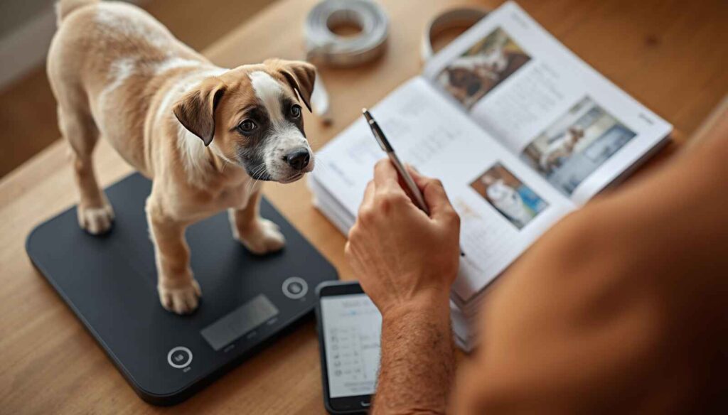 Owner weighing a puppy and recording growth measurements at home