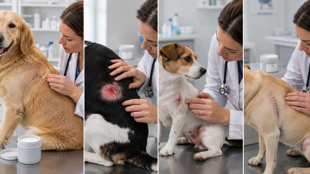 Veterinarian comparing different dog skin conditions before recommending treatment