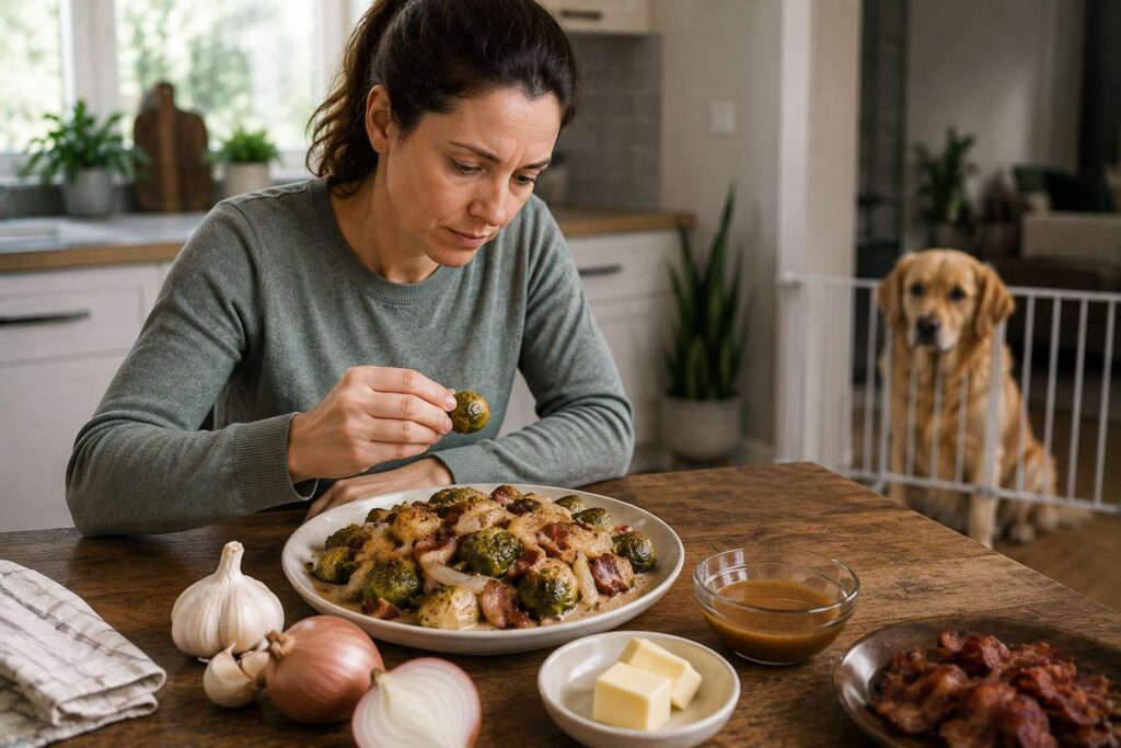 Dog owner checking Brussels sprouts for onion, garlic, gravy, butter and bacon before feeding