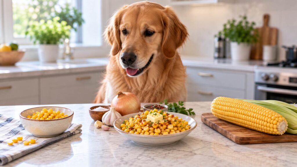 Plain sweetcorn kernels, seasoned corn and a mature corn cob shown as three different feeding situations
