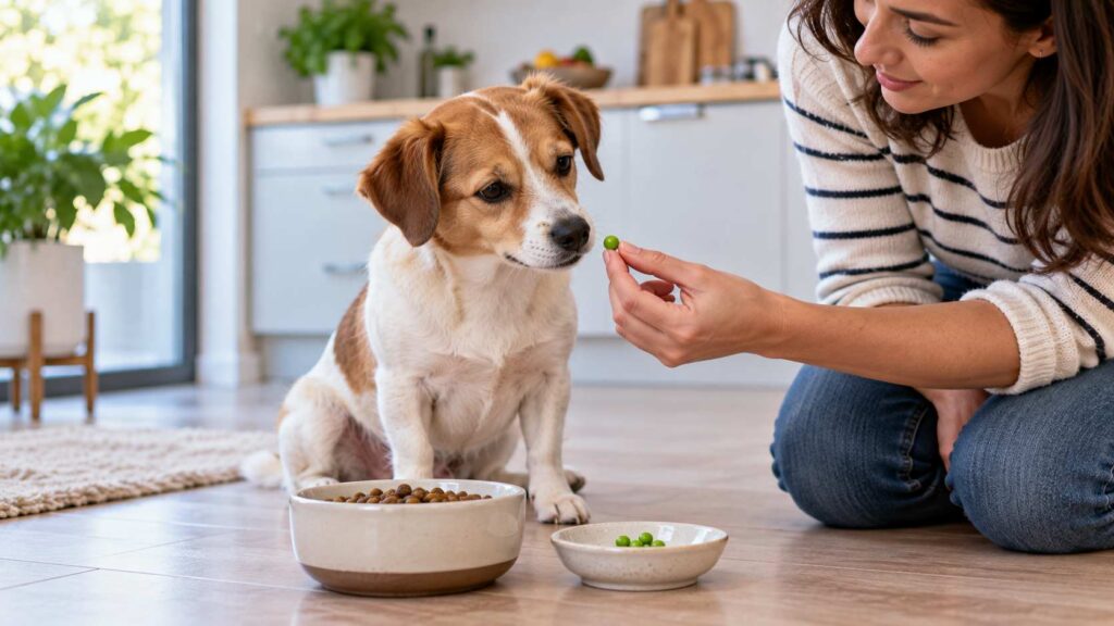 Dog being offered a small amount of plain peas beside its regular complete meal